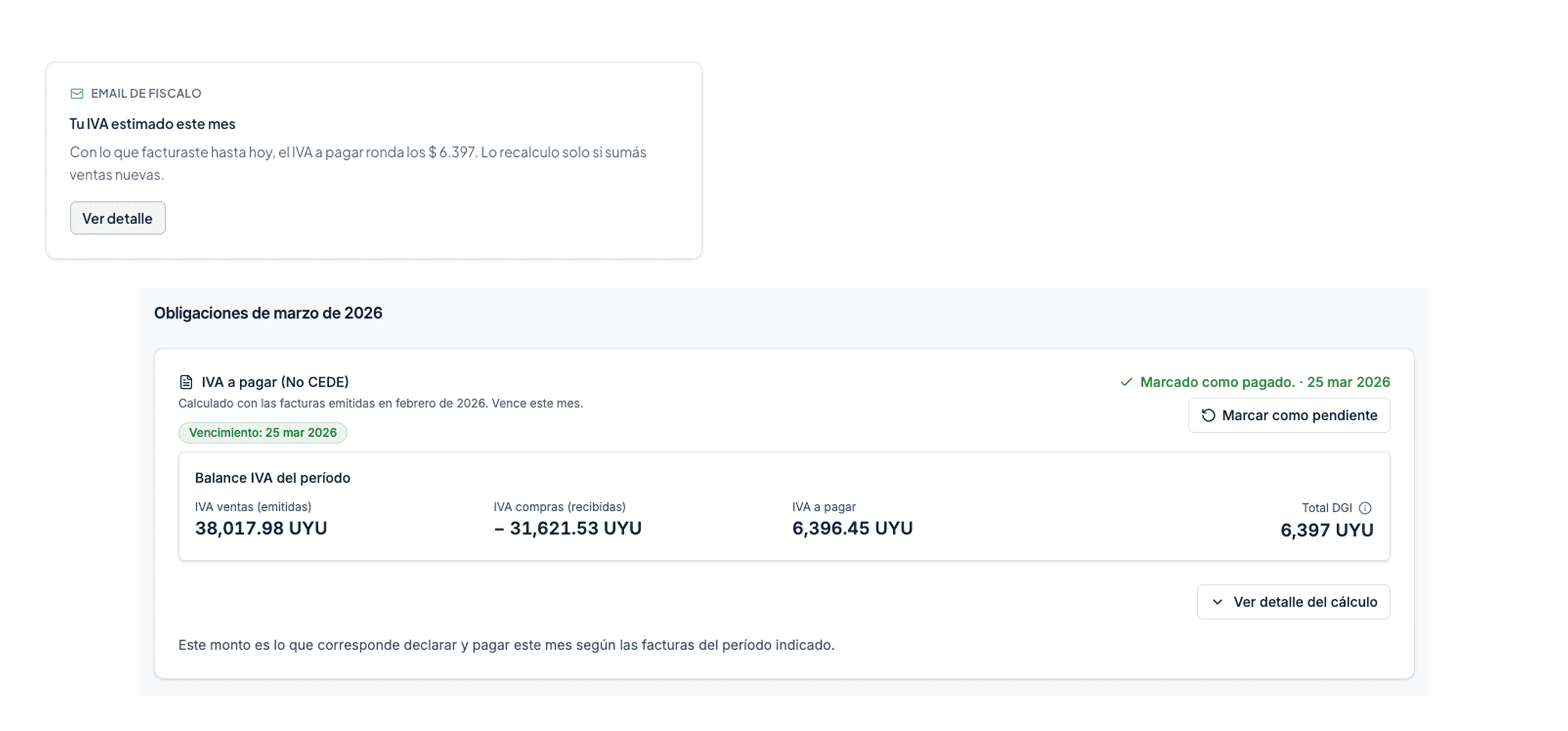 Panel de Fiscalo con estado fiscal, IVA a pagar e historial