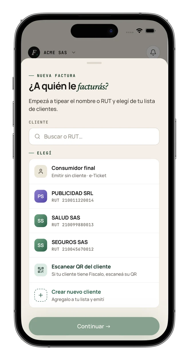 Pantalla de selección de clientes en la app de Fiscalo